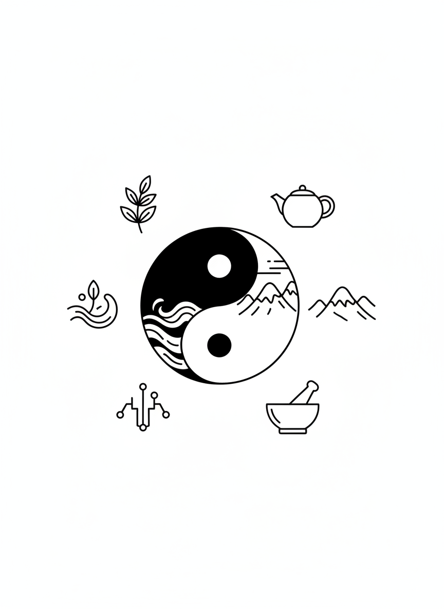 A clean, minimalist line-art illustration of a balanced yin-yang symbol where each half subtly transforms into natural elements: one side becoming flowing water and the other forming gently rising mountains. Around the central symbol, simple outlined icons of common Traditional Chinese Medicine elements—an herbal sprig, a ceramic teapot, an acupuncture meridian diagram, and a mortar and pestle—are arranged in a soft circular pattern. The scene sits on a blank, white background with no clutter. Fine, even line weight and a calm, professional aesthetic create a sense of clarity and harmony, ideal for a beginner-friendly TCM health website header.