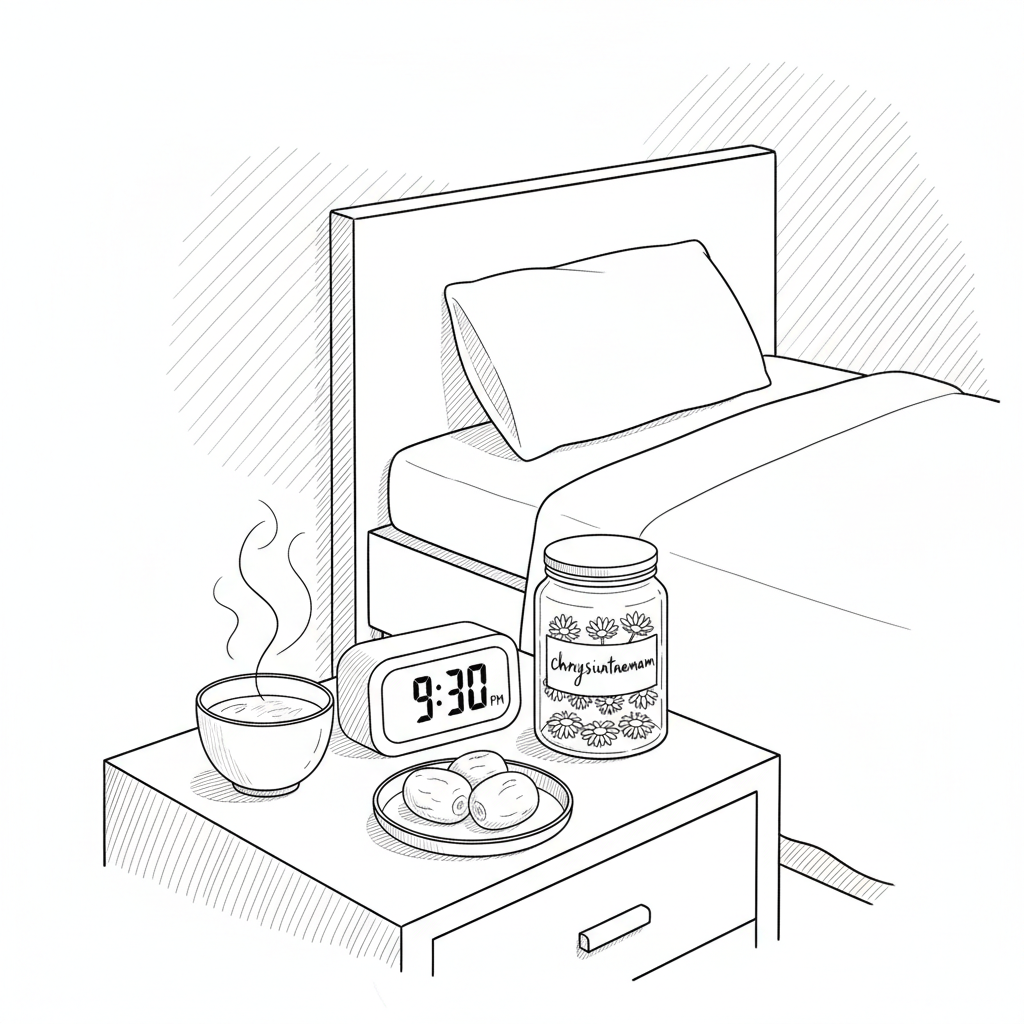 A soothing line-art illustration of a tidy bedroom nightstand styled with TCM-inspired sleep supports. On the surface, a small ceramic cup of herbal tea emits delicate, curling steam lines, next to a minimalist alarm clock showing an early bedtime. A glass jar labeled “chrysanthemum” and a tiny dish with a few jujube fruits are drawn with crisp outlines. Behind them, a simple outline of a bed with a smooth, unrumpled blanket and a single pillow suggests rest. Light hatching at the edges implies soft evening lamp light, creating a tranquil, practical, and reassuring atmosphere.