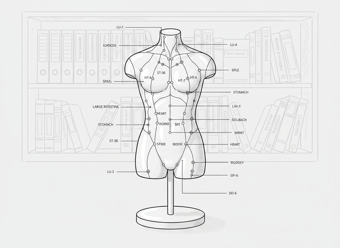 A precise line-art illustration of a simplified meridian map on a torso-shaped mannequin form, shown without any human features, more like a smooth anatomical model. Clear, continuous lines represent major TCM meridians, each ending in small, neatly drawn circles for key acupoints. The mannequin stands on a narrow pedestal against an uncluttered backdrop with a faint outline of a bookshelf containing labeled binders and herbal reference books. The composition is centered and symmetrical, with consistent line weights and gentle crosshatching that implies soft studio lighting, creating an educational, professional, and beginner-friendly atmosphere.