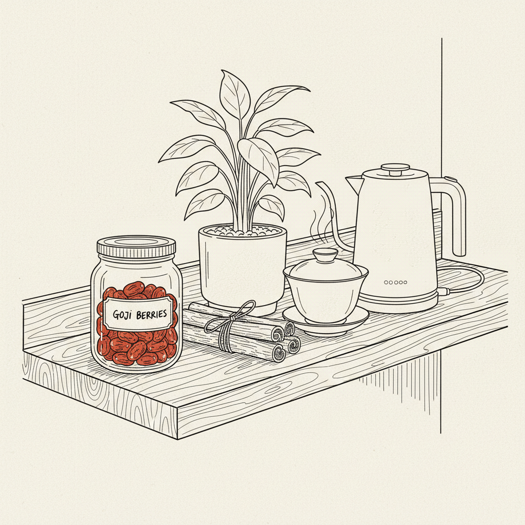 A detailed line-art drawing of an orderly TCM home remedy corner on a low wooden shelf. There is a neatly labeled glass jar of dried goji berries, a small bundle of cinnamon sticks tied with twine, and a lidded white porcelain gaiwan steaming gently beside a simple electric kettle. Behind them, a clean outline of a houseplant in a ceramic pot adds softness. The environment is suggested by a few straight lines indicating a tidy wall and tabletop. The lighting is implied through subtle hatching that suggests soft, diffused daylight, creating a calm, approachable, and professional mood.