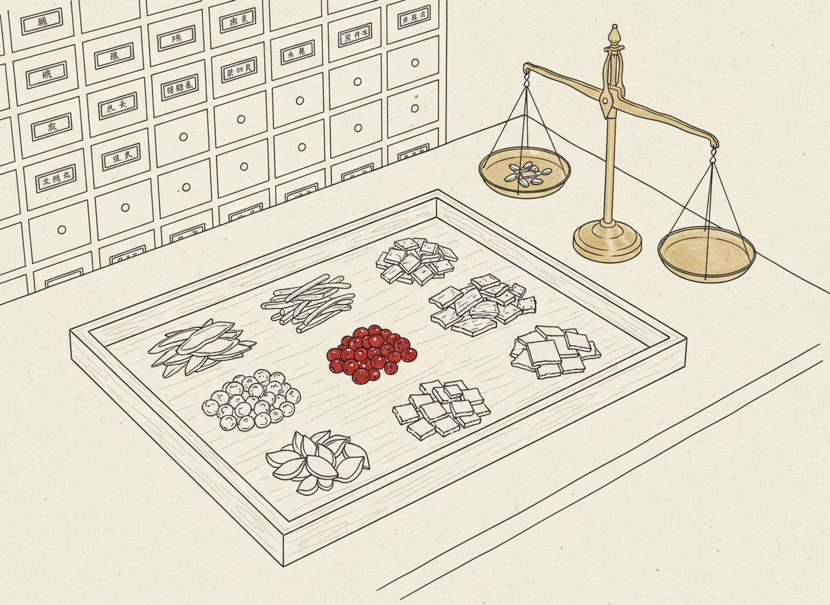 A refined line-art scene of a traditional Chinese herbal preparation table viewed from a slightly elevated angle. On the table, carefully separated piles of different herbs—thin slices of ginger, curled licorice root, small red berries, and square pieces of dried bark—are arranged on a rectangular wooden tray with crisp outlines. Beside it, an old-fashioned brass balance scale is drawn with clean lines, one pan gently tilted with a measured portion of herbs. In the background, simplified outlines of labeled drawers suggest an apothecary cabinet. The mood is calm and methodical, with even, soft line shading hinting at gentle overhead lighting.